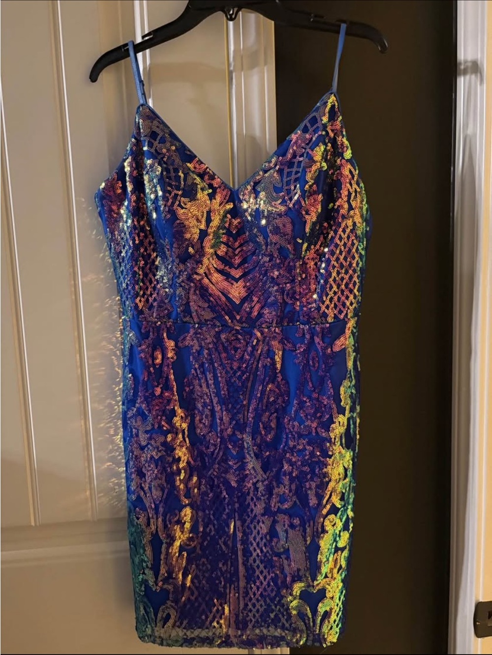 Blue Sequin Mini Dress with Multicolor Iridescent Embroidery